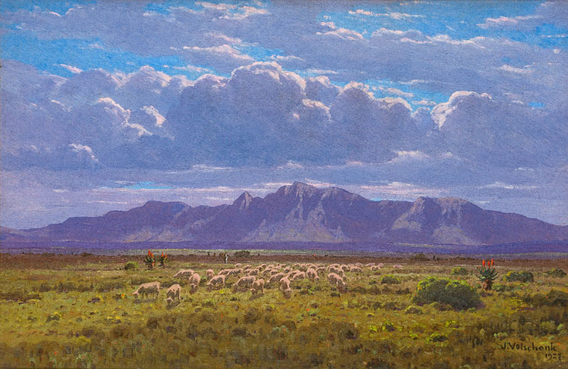 Jan Ernst Abraham Volschenk Sheep on the Open Veld signed and dated 1927; signed, dated and