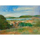 Errol Stephen Boyley Verdant Landscape with Distant Lake signed oil on hessian 56 by 76cm