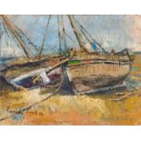 Freida Lock Fishing Boats on the Beach signed and dated 47 twice oil on canvas laid down on board 56