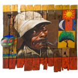 George Velaphi Mzimba Man Smoking a Pipe signed and dated 01 mixed media and found objects on wood