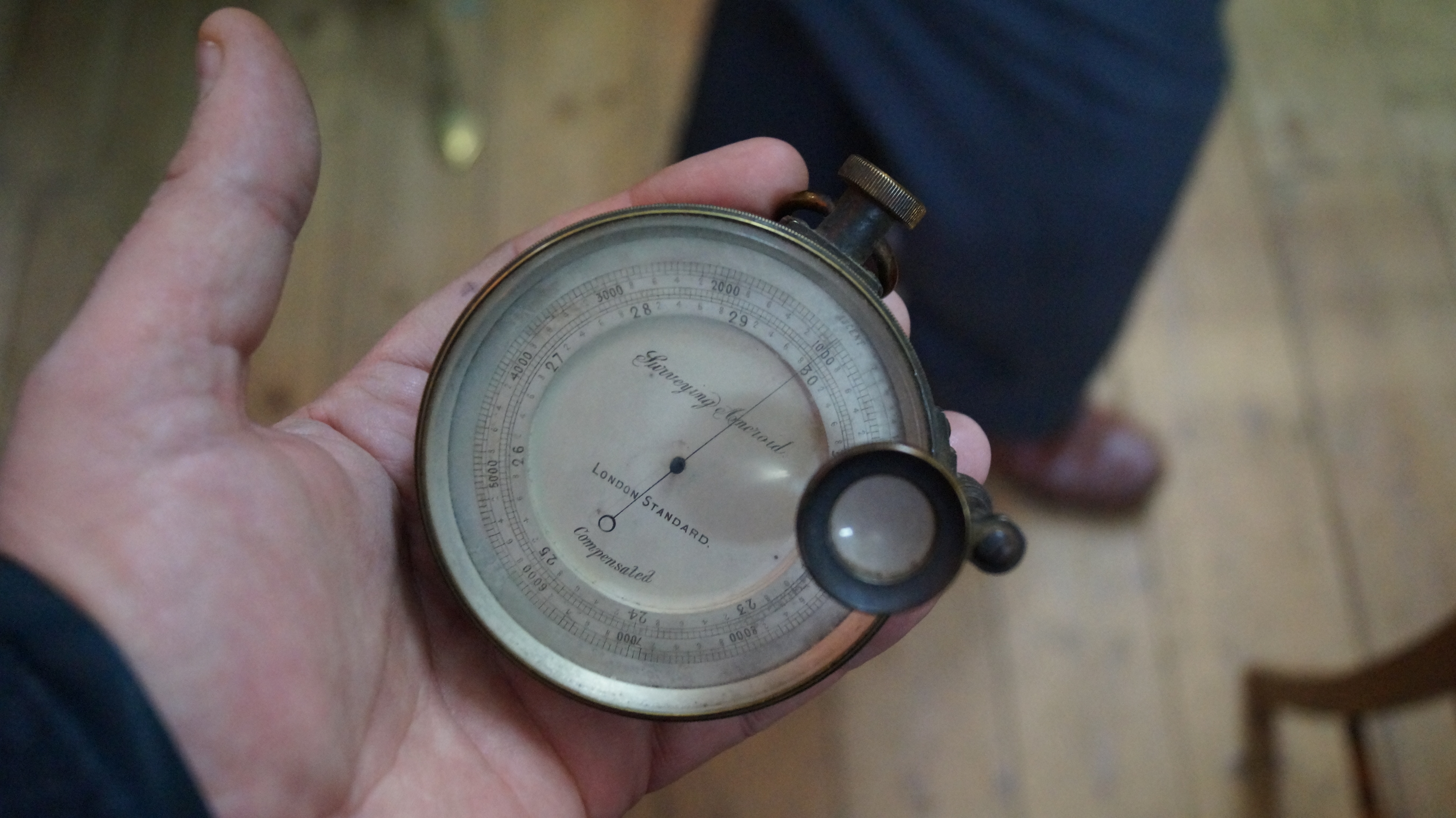 A late Victorian large brass cased pocket barometer, in original fitted leather case. - Image 7 of 7