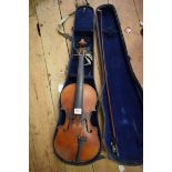 A circa 1900 Continental violin, with 14 inch back, with bow and case.