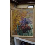 E A Brew, still life of irises, signed, oil on board,