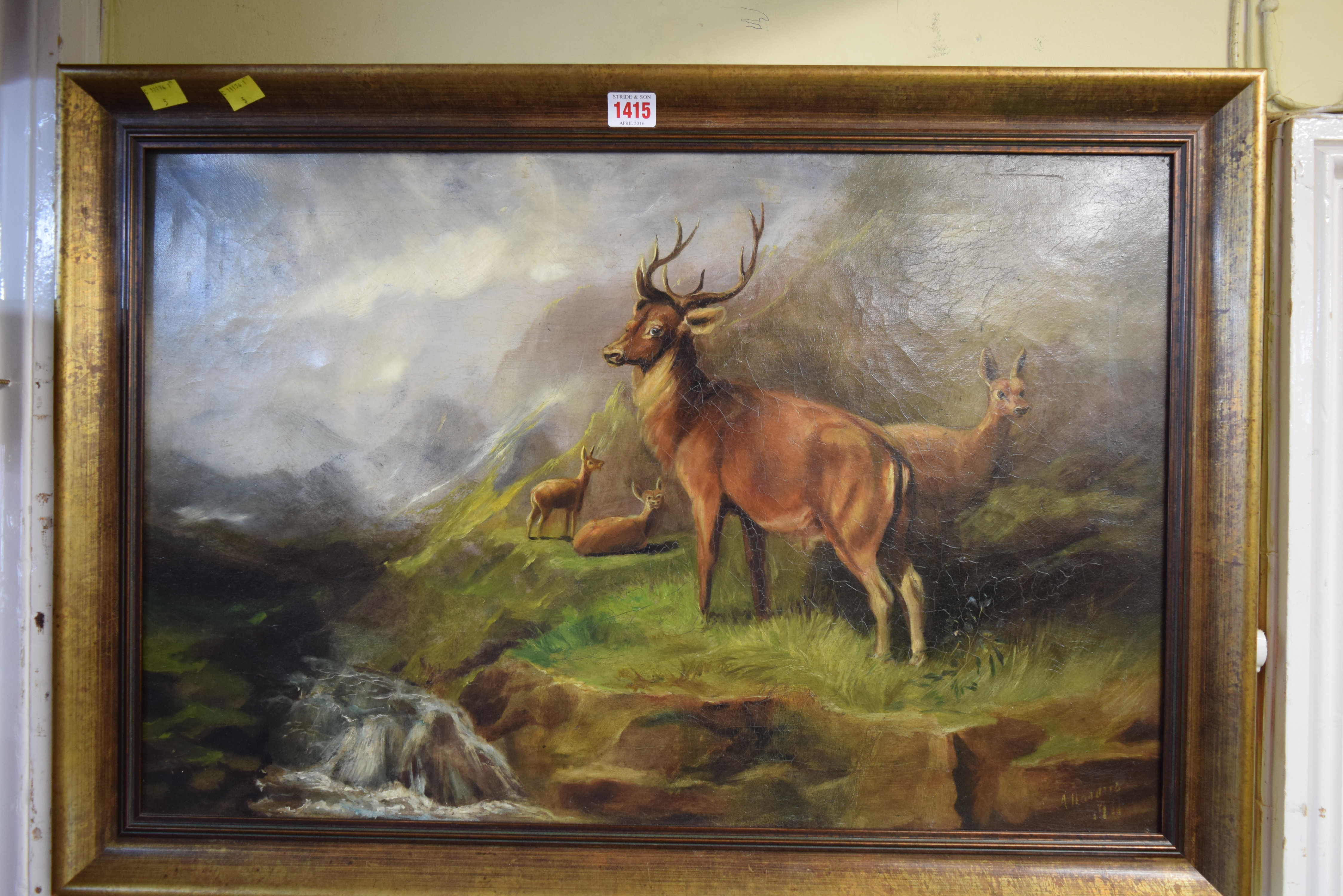 A Handus, a stag and deer in a river landscape, indistinctly signed and dated 1911, oil on canvas,