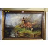 A Handus, a stag and deer in a river landscape, indistinctly signed and dated 1911, oil on canvas,