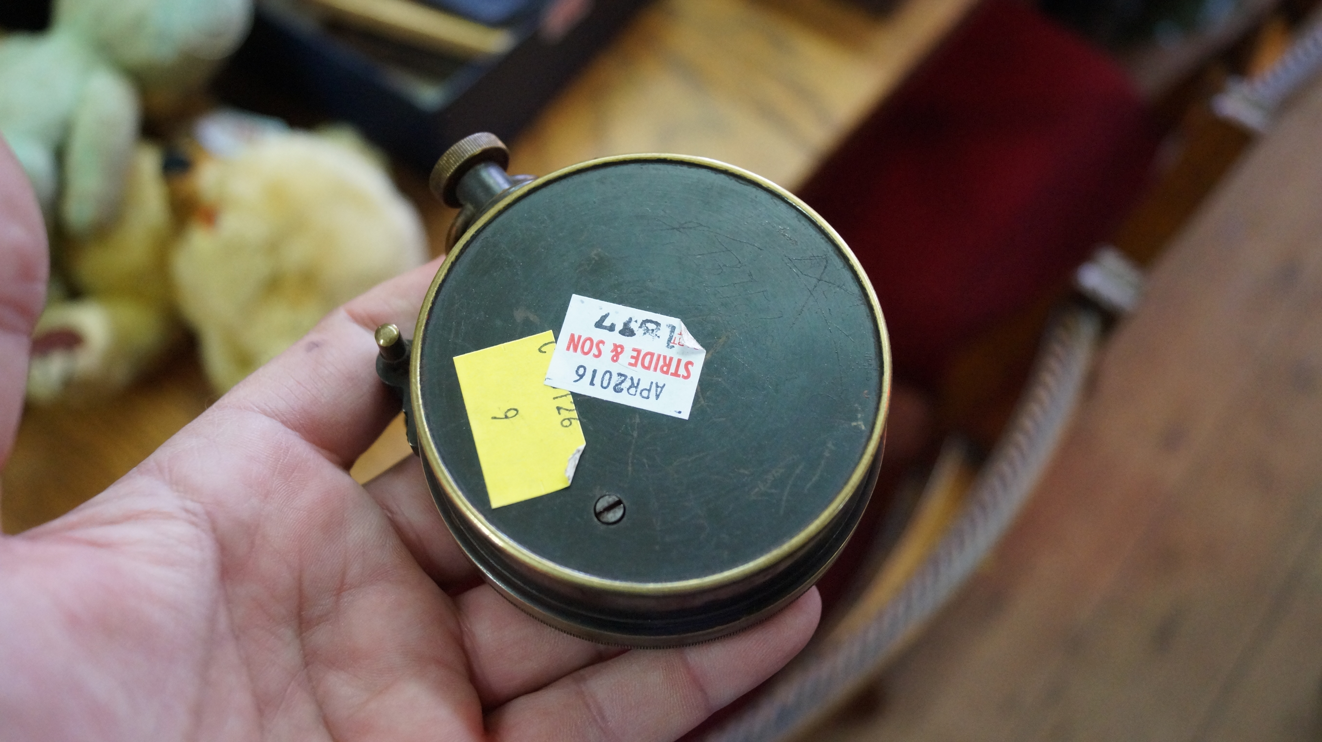 A late Victorian large brass cased pocket barometer, in original fitted leather case. - Image 3 of 7