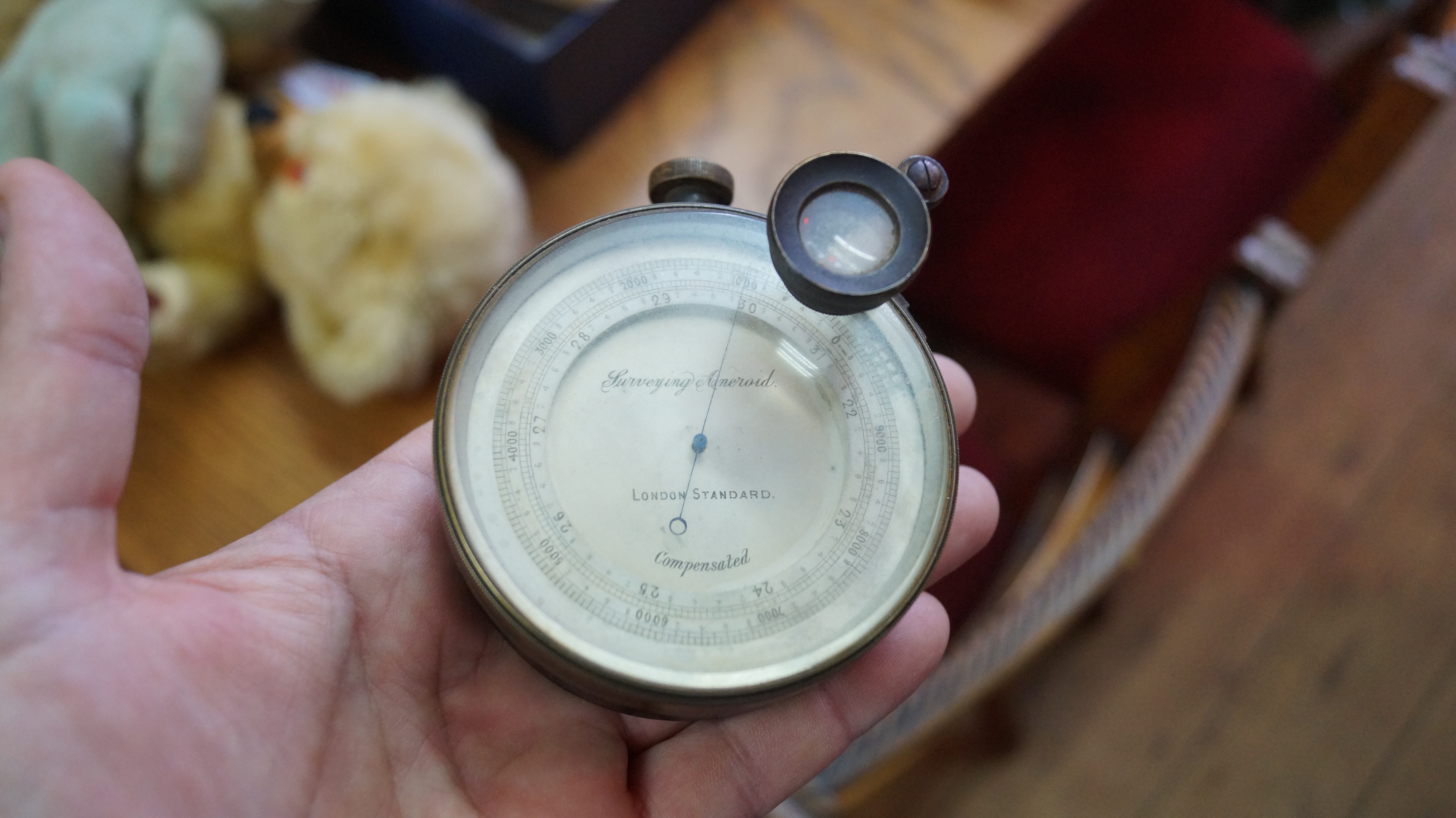 A late Victorian large brass cased pocket barometer, in original fitted leather case. - Image 2 of 7