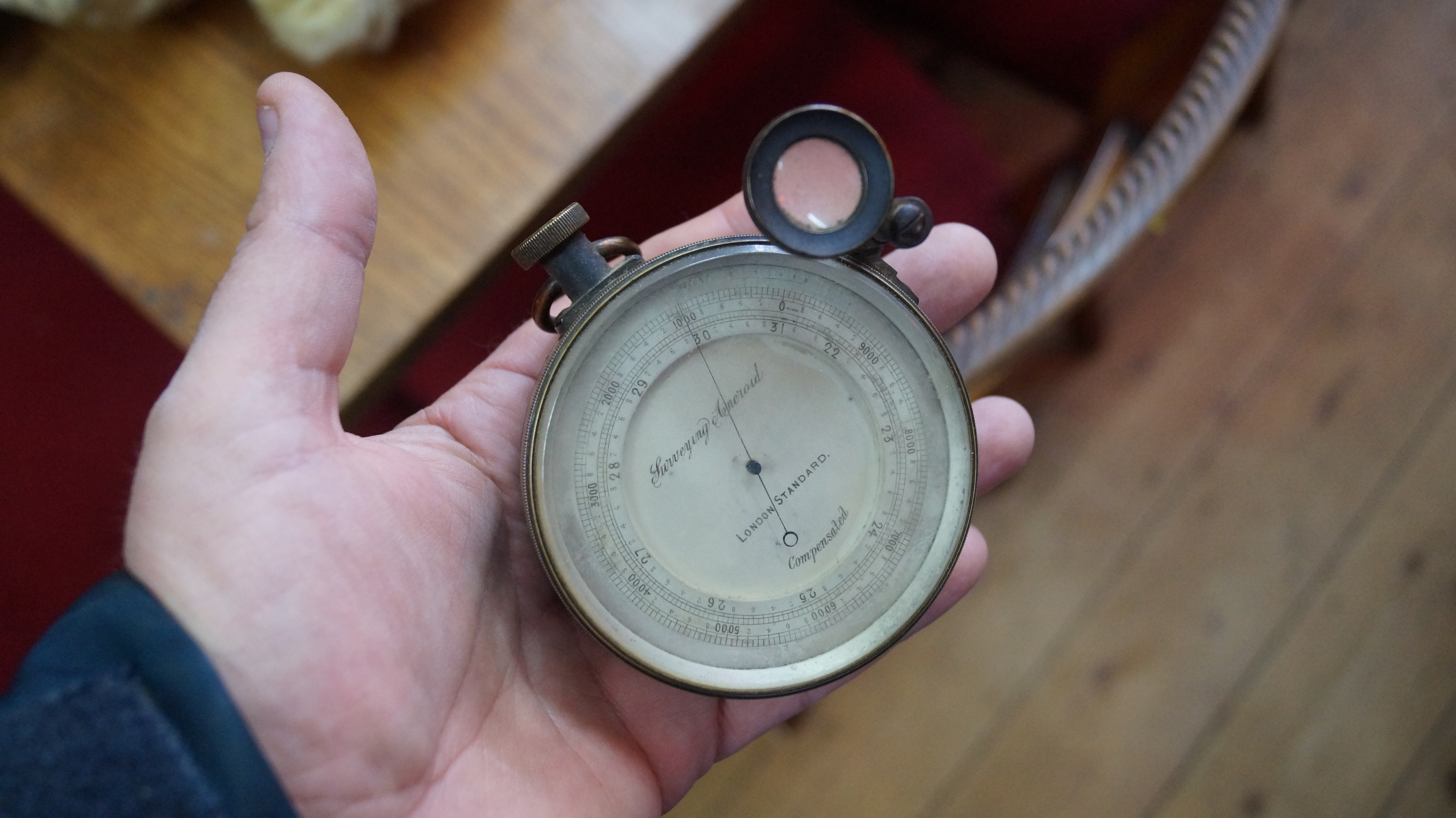 A late Victorian large brass cased pocket barometer, in original fitted leather case. - Image 5 of 7