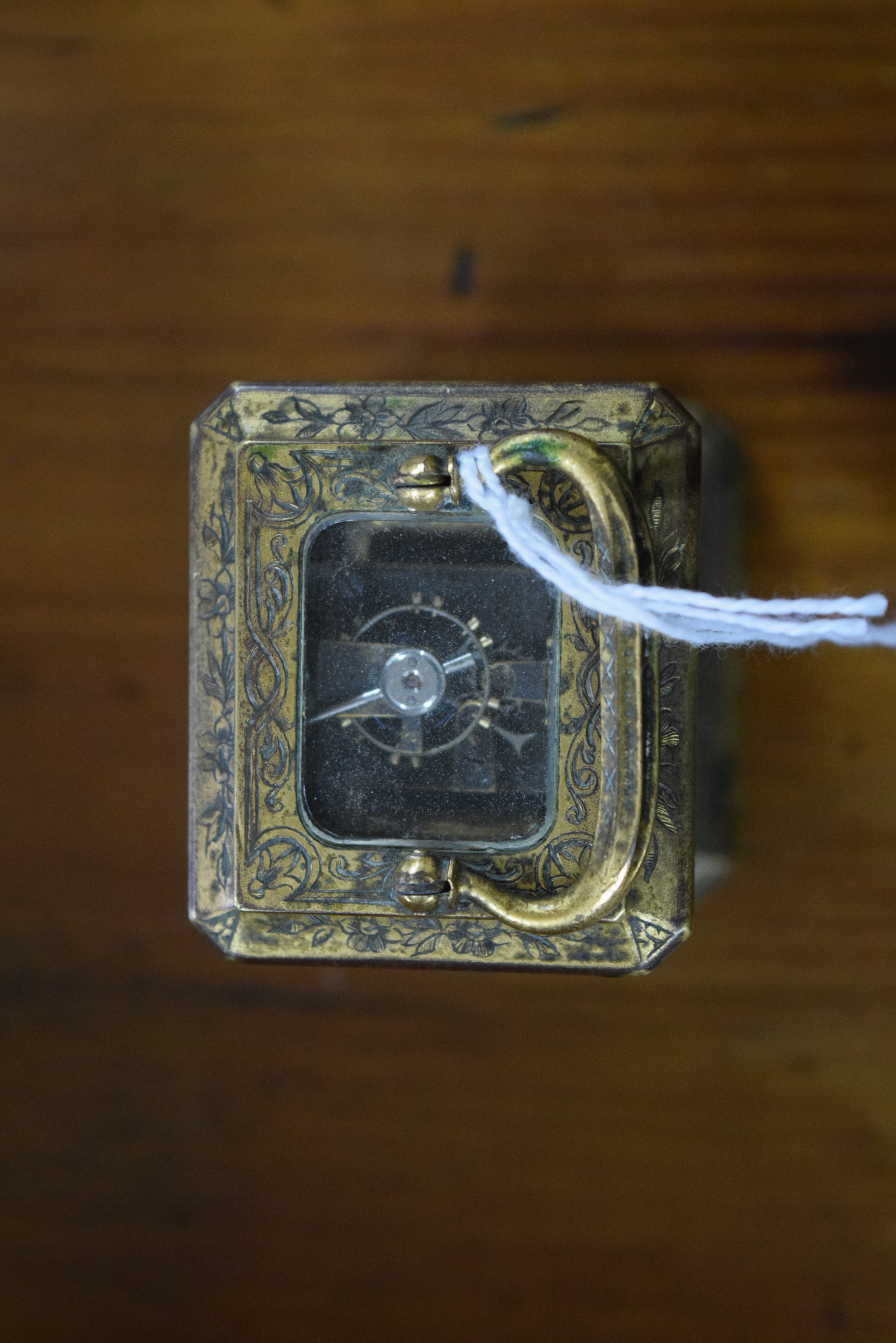 An antique engraved brass and porcelain miniature carriage timepiece, height including handle 9.5cm. - Image 5 of 5