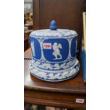 A scarce 19th century Dudson blue jasperware stilton dish and cover,