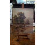 Henry Thomas Jarman, a lake scene, signed, oil on canvas laid on board, 31 x 24cm, unframed.