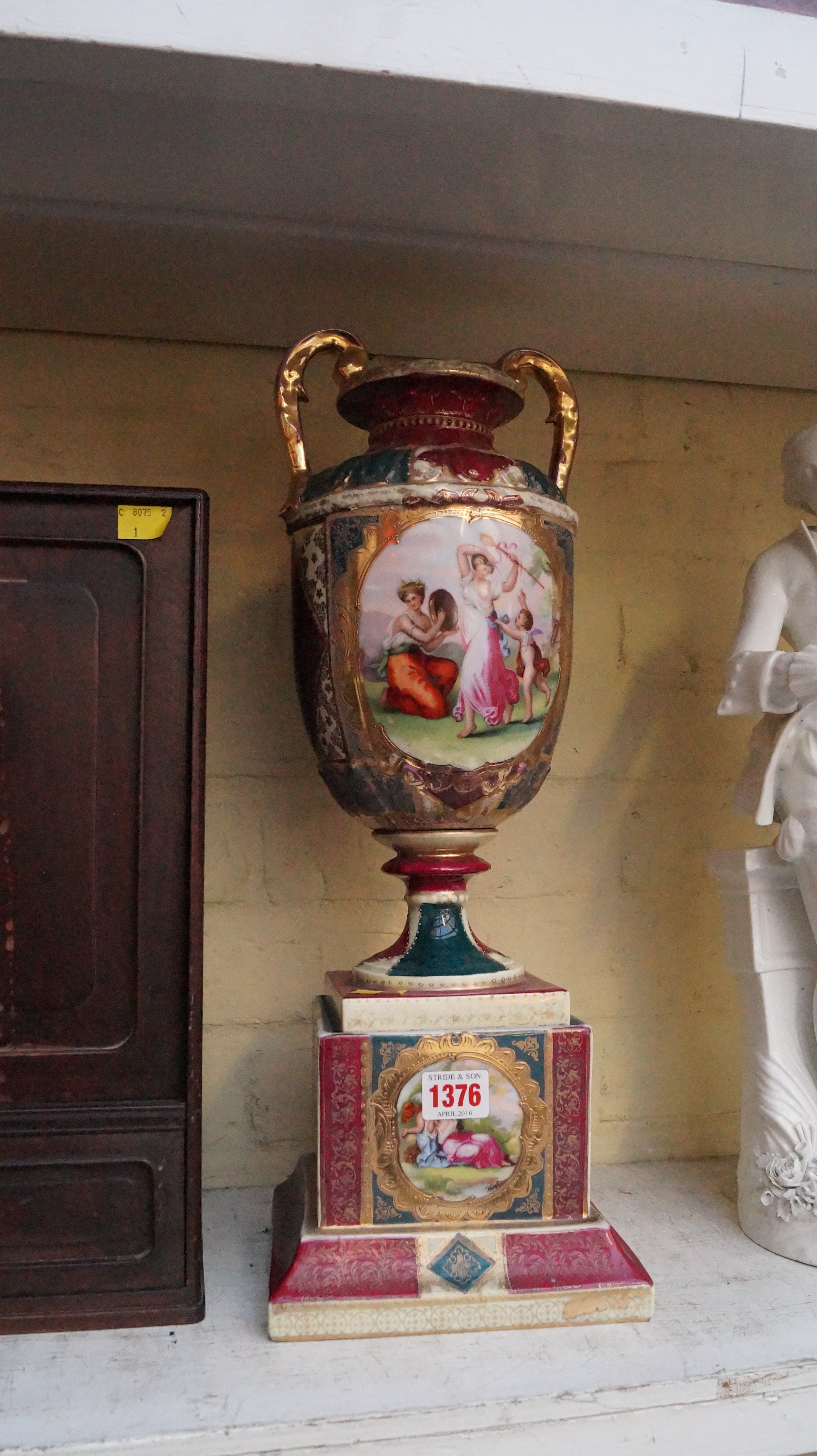 A Continental porcelain twin handled vase and pedestal, 48cm high. - Image 2 of 8