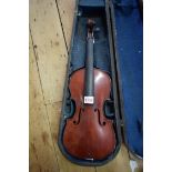 A small circa 1900 Continental violin, with 12¼ inch back, in ebonized wood case.