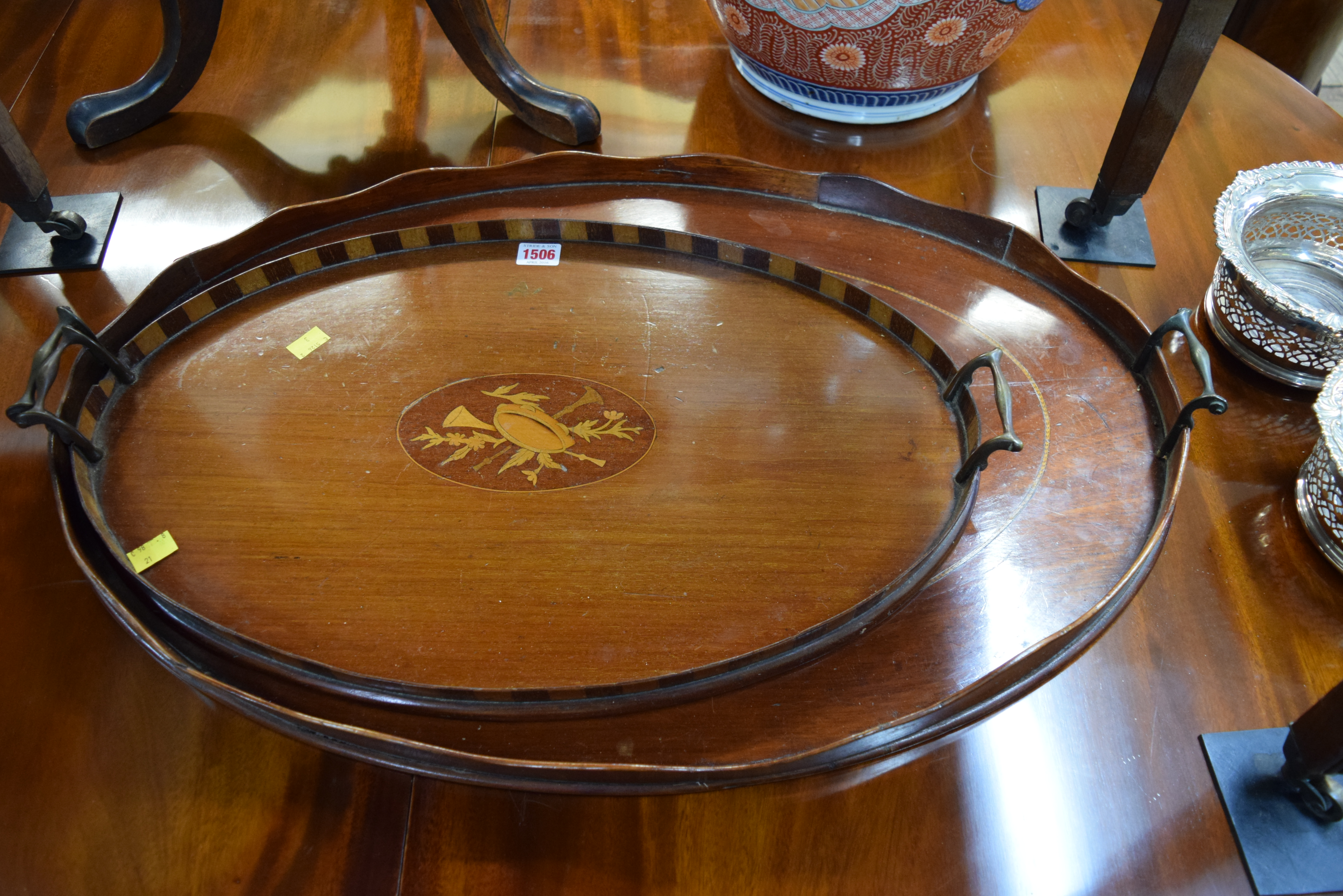 Two antique mahogany gallery trays, largest 74cm wide.