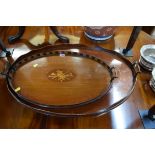 Two antique mahogany gallery trays, largest 74cm wide.