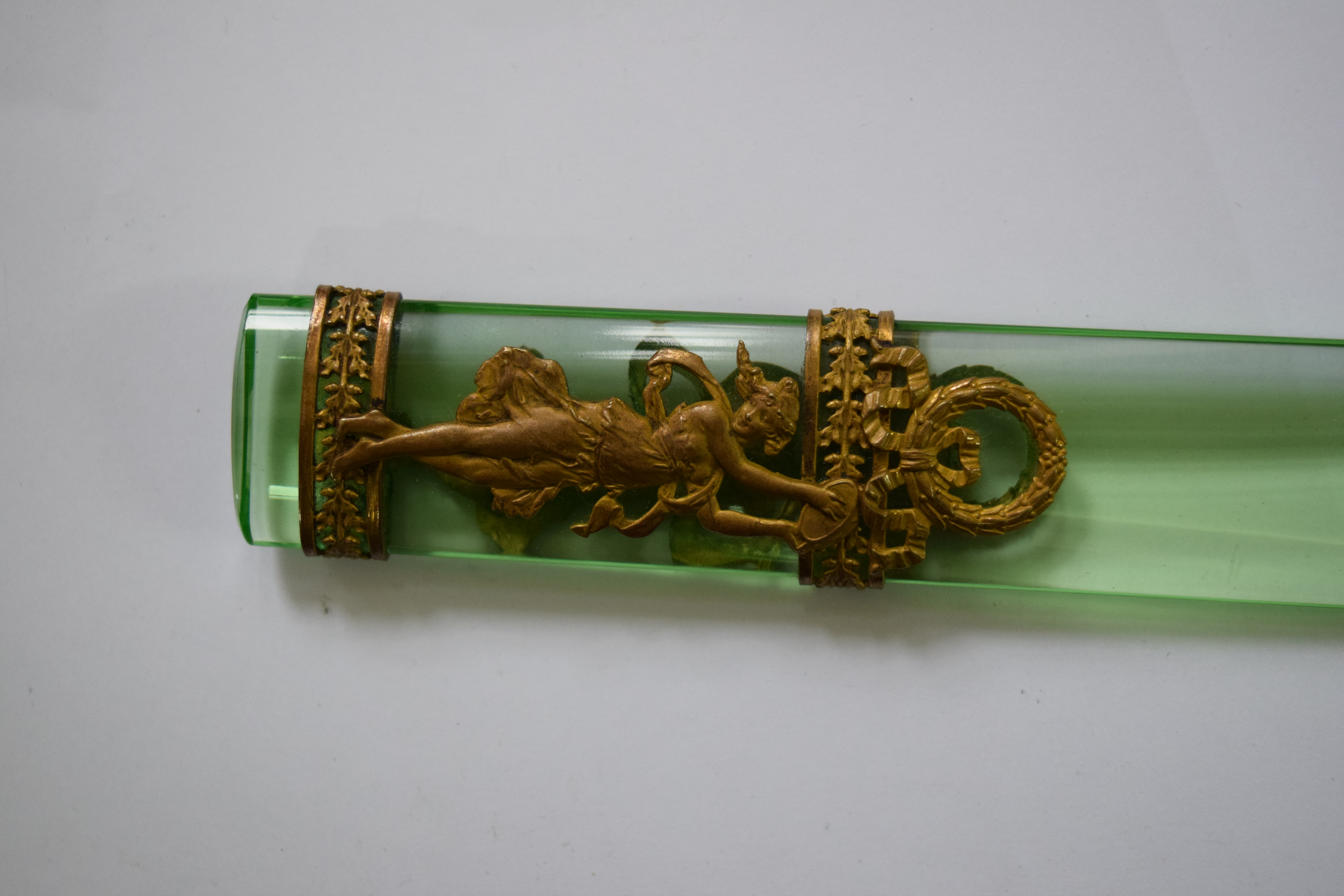 A neo-classical style gilt metal mounted green glass letter knife, 22.5cm long. - Image 2 of 2