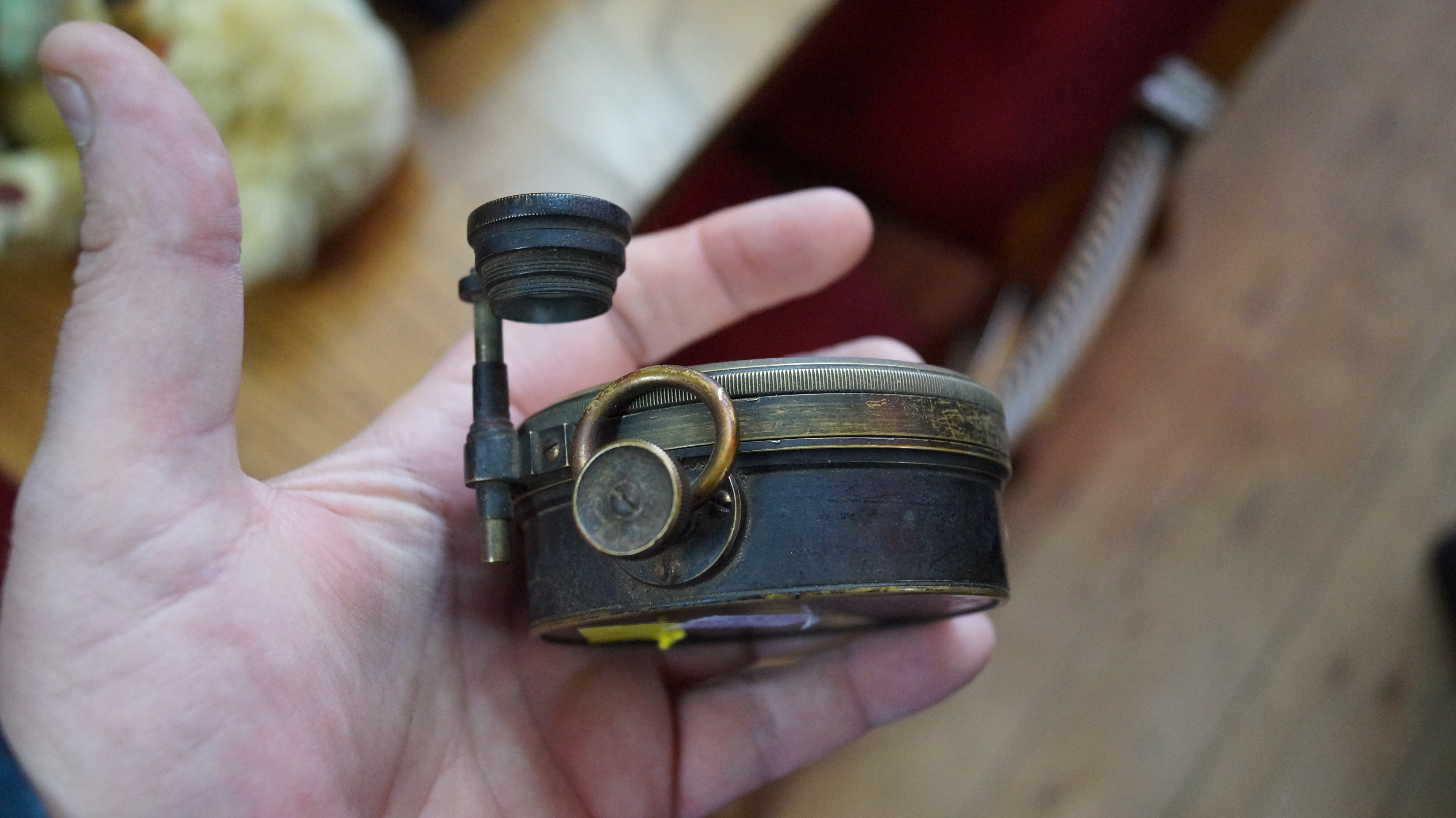 A late Victorian large brass cased pocket barometer, in original fitted leather case. - Image 4 of 7