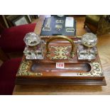 A Victorian oak and brass mounted desk stand, with two glass inkwells, 345cm wide,