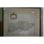 An antique hand-coloured map of Sussex by Robert Morden, pl.35 x 42cm.