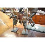 A pair of antique French cold painted spelter figures, 31cm high.