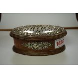 A late 19th century rosewood and silver mounted oval box, the hinged top inscribed 'Joias',