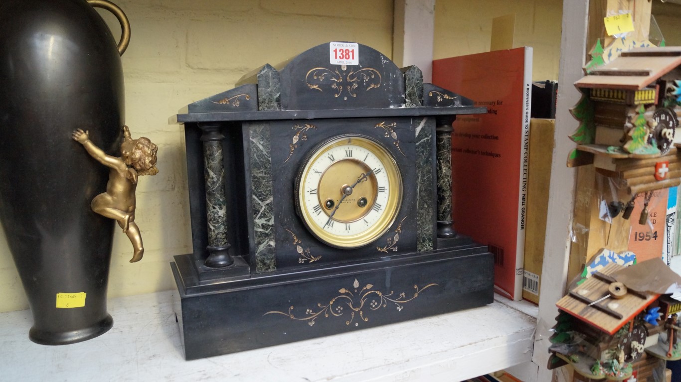 A Victorian slate and marble mantel clock, or architectural form, 35cm wide.