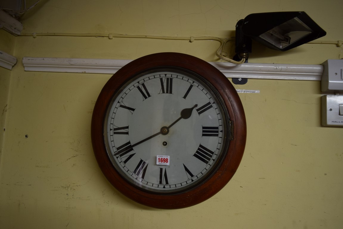 A 19th century mahogany fusee wall clock, with 12 inch painted circular dial,