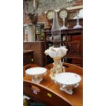 A Victorian Moore Bros figural oil lamp; together with a pair of Moore Bros comports.