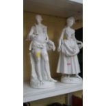 A large pair of Meissen style blanc de chine figures, 46cm high.