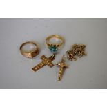 Two 9ct gold crucifix pendants and other gold items, 11g.