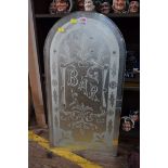 An old etched glass arched 'Bar' Mirror, 80.5 x 42.