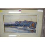 Charles Harvey, an riverside town, signed and dated 1909, watercolour, 20 x 36.5cm.