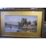 L Bamford, a river scene, signed and dated 1872, watercolour, 25.5 x 50.5cm.