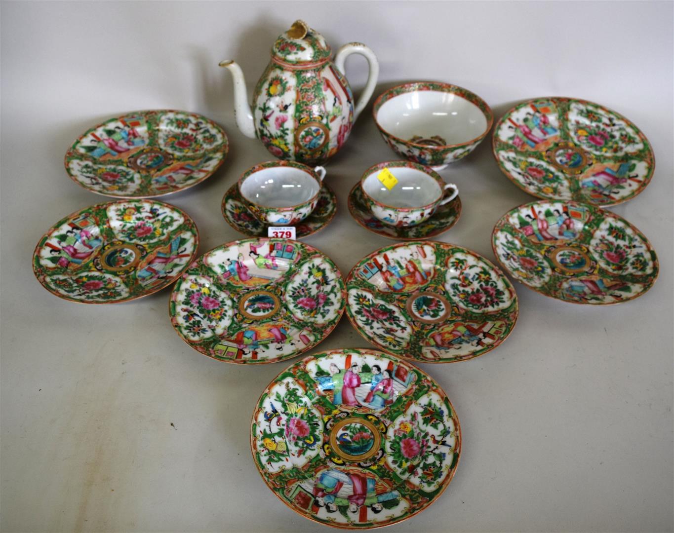 A Chinese Canton famille rose part tea service, late 19th century, comprising: a pot and cover, 19.