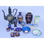 A mixed lot of Oriental items, to include a 19th century Chinese Canton yellow enamel brushpot,