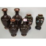 Three pairs of Japanese cloisonne enamel vases, largest 24cm high.