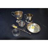Two silver christening mugs; and four other silver items, 219g.