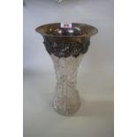 An American sterling silver mounted cut glass vase, 26cm.