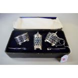 A cased silver three piece condiment set, by C T Burrows & Sons, Birmingham 1906-1908,
