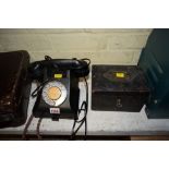 A vintage black Bakelite telephone; together with a Victorian leather money type box.