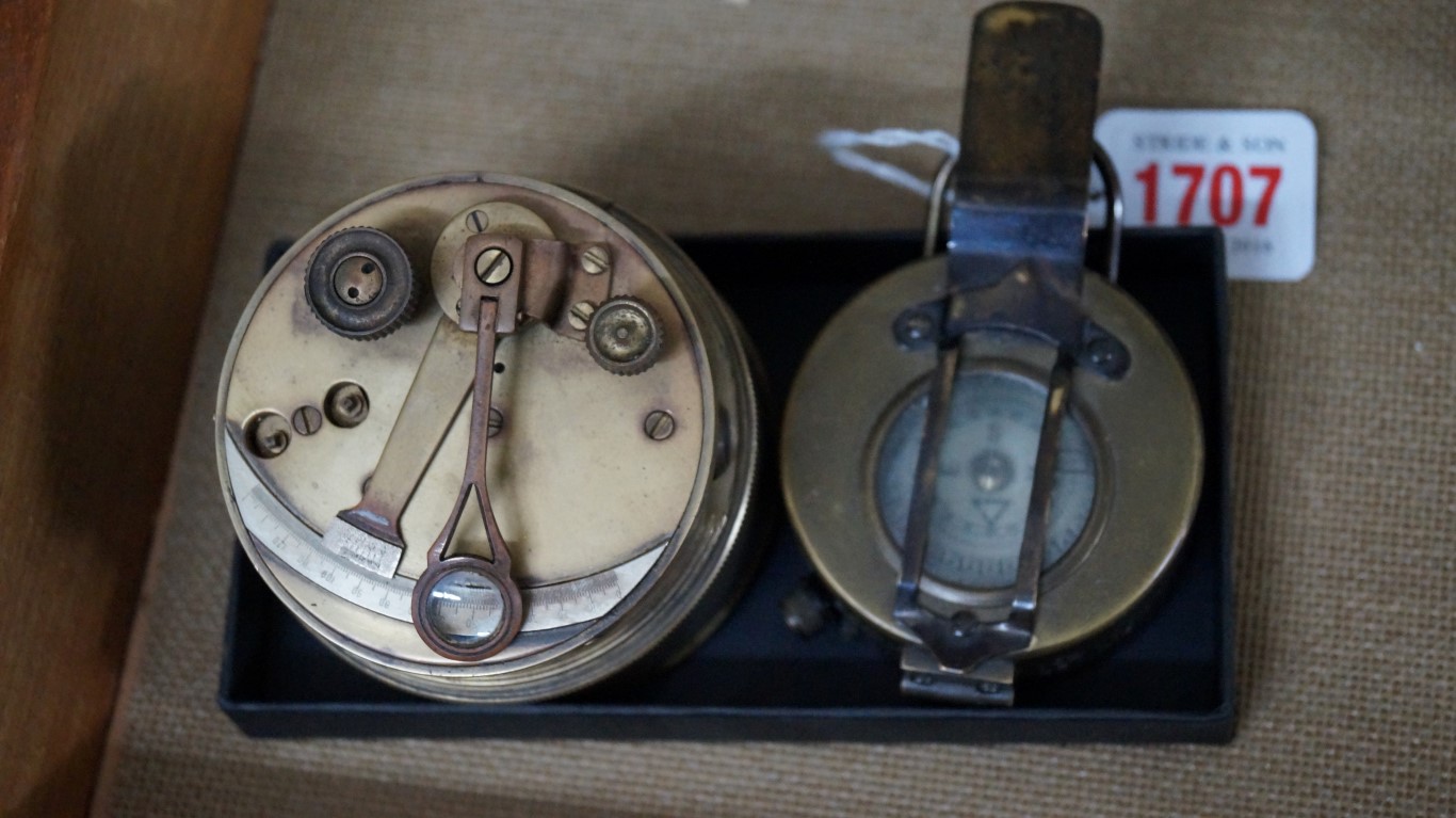 A reproduction brass gimbal compass; together with a brass prismatic instrument.
