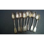 Eight various Irish Victorian silver fiddle pattern teaspoons, 173g.