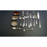 A quantity of silver plated cutlery; and a cased silver mounted Meerschaum and amber cheroot holder.