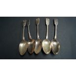 Five various Georgian and Victorian silver fiddle and shell pattern table spoons, 415g.