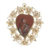 COLGANTE RELICARIO ESPAÑOL, SIGLO XVIII-XIX en oro amarillo y aljófares. Medallón central de