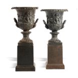 Garden Urns: A pair of extremely rare Handyside Foundry cast iron urns on pedestals 2nd half 19th