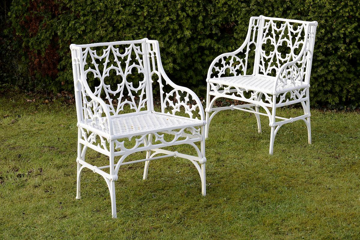 Garden Seat: A pair of Val d'Osne foundry Gothic pattern cast iron chairs mid 19th century