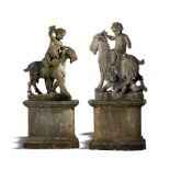 Garden Statuary: A pair of carved white marble figures of putti and goats on pedestals Italian,