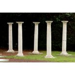 A set of five travertine marble columns Italian, possibly 16th or 17th century each with square base