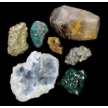 Mineral: A collection of minerals including a Calcite, an enhydro Quartz point, Malachite, Dioptase,